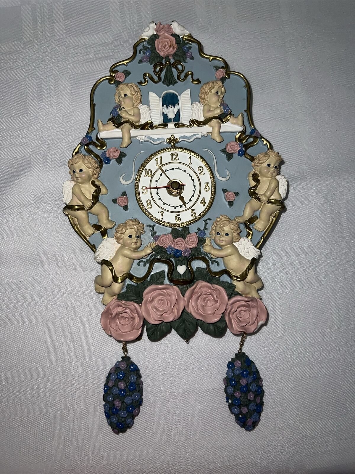 Vintage Cherub Angel Roses Hanging Chime Wall Clock