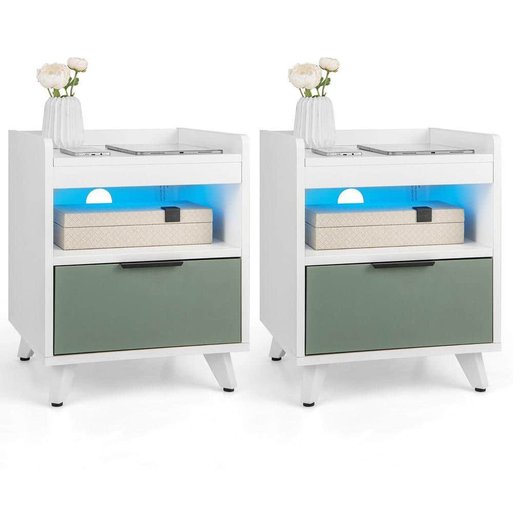 White 2-Pieces Nightstand Modern Beside End Table with LED Lights Open Compartment...