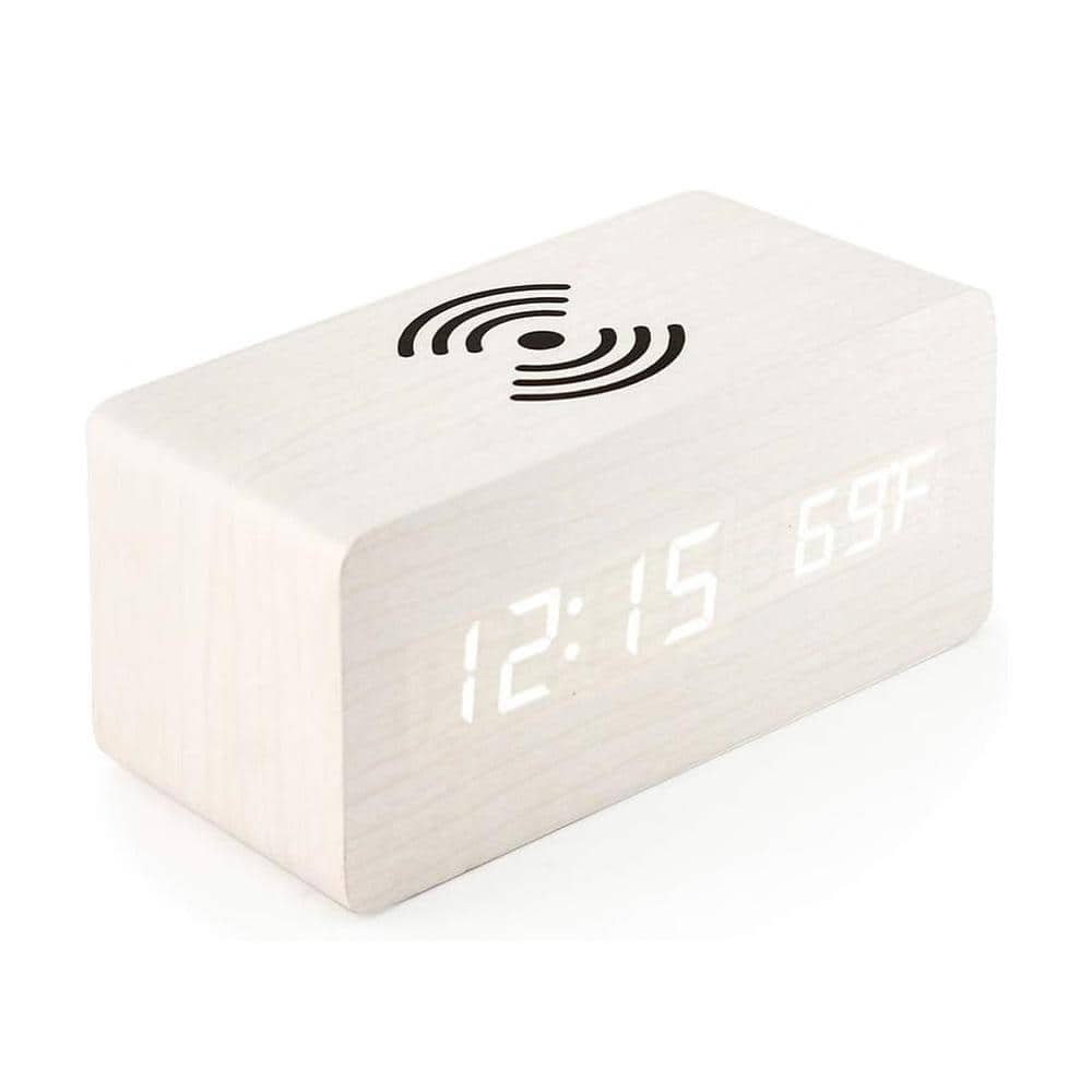 White LED Digital Alarm Clock with Qi Wireless Charging, Sound Control, Date,...