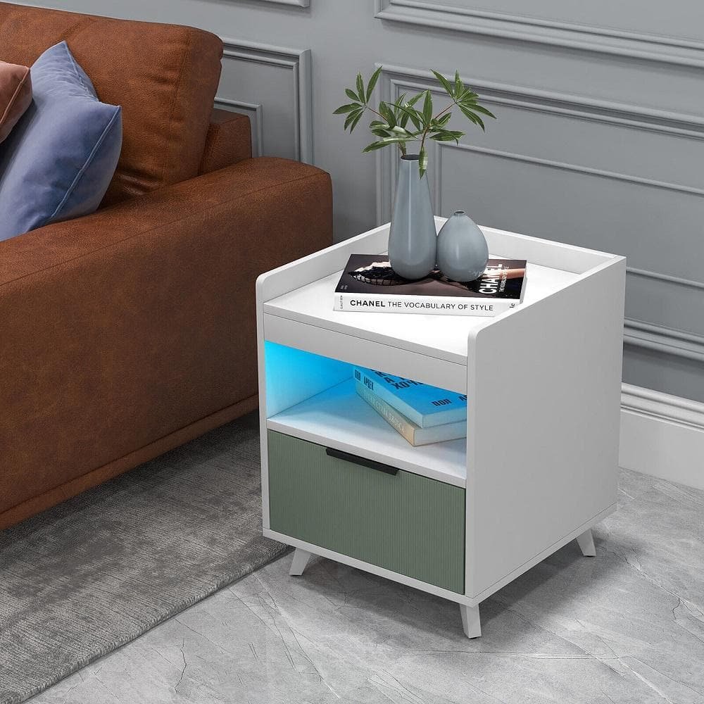 White Nightstand Modern Beside End Table with LED Lights Open Compartment and...