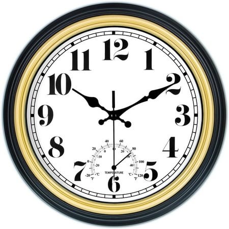 12 Inch Retro Gold Wall Clock,Indoor and Outdoor,Waterproof,Thermometer