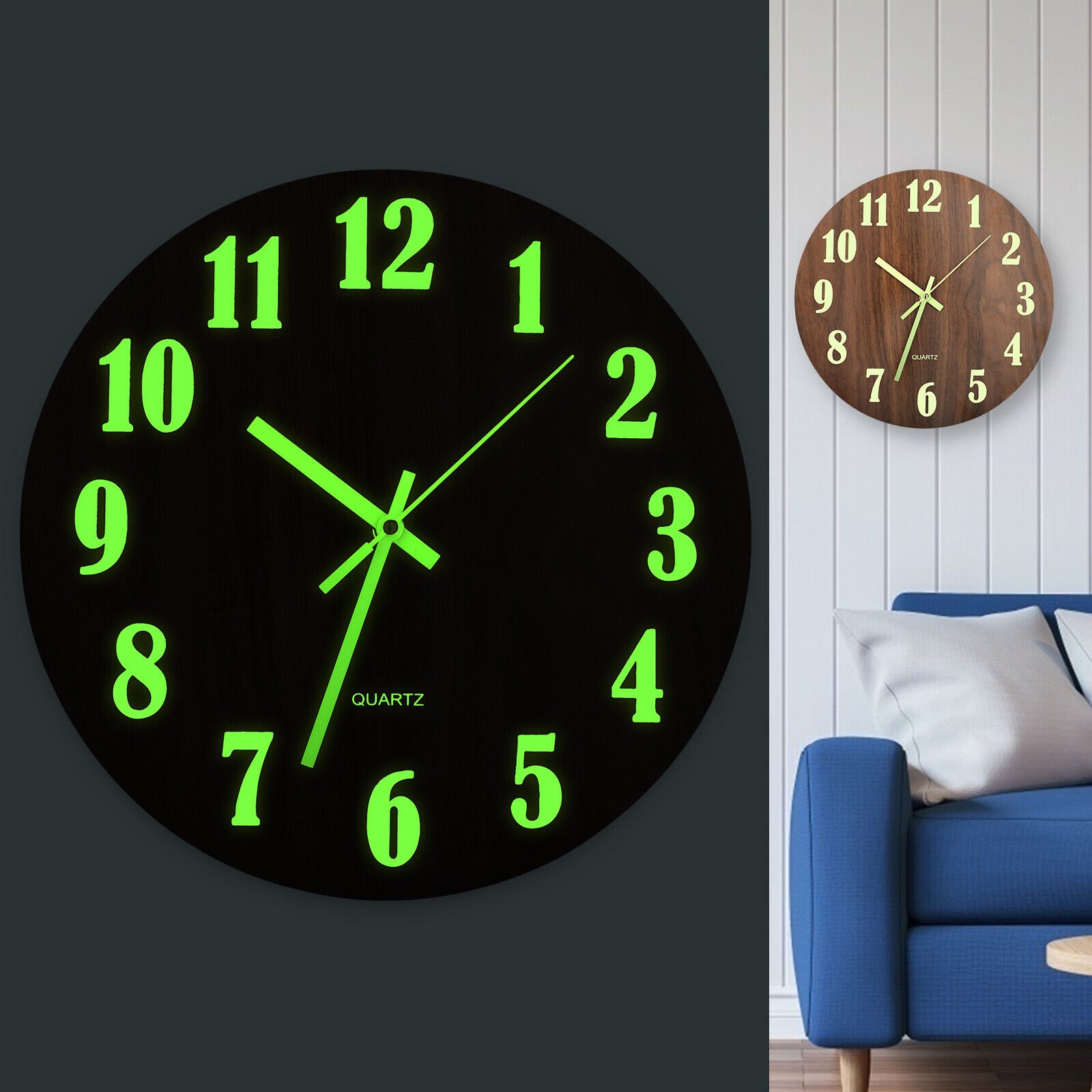 12'' Wall Clock Large Luminous Quartz Night Light Glow In The Dark Silent Home