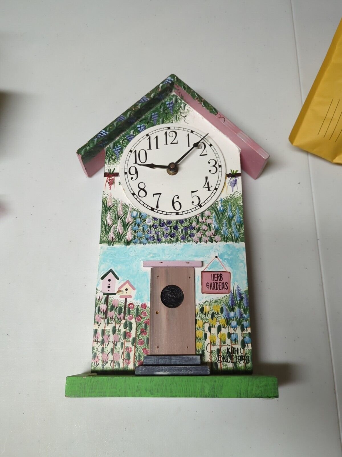 15" Herb Garden Hand Painted Wooden Birdhouse Wall Clock