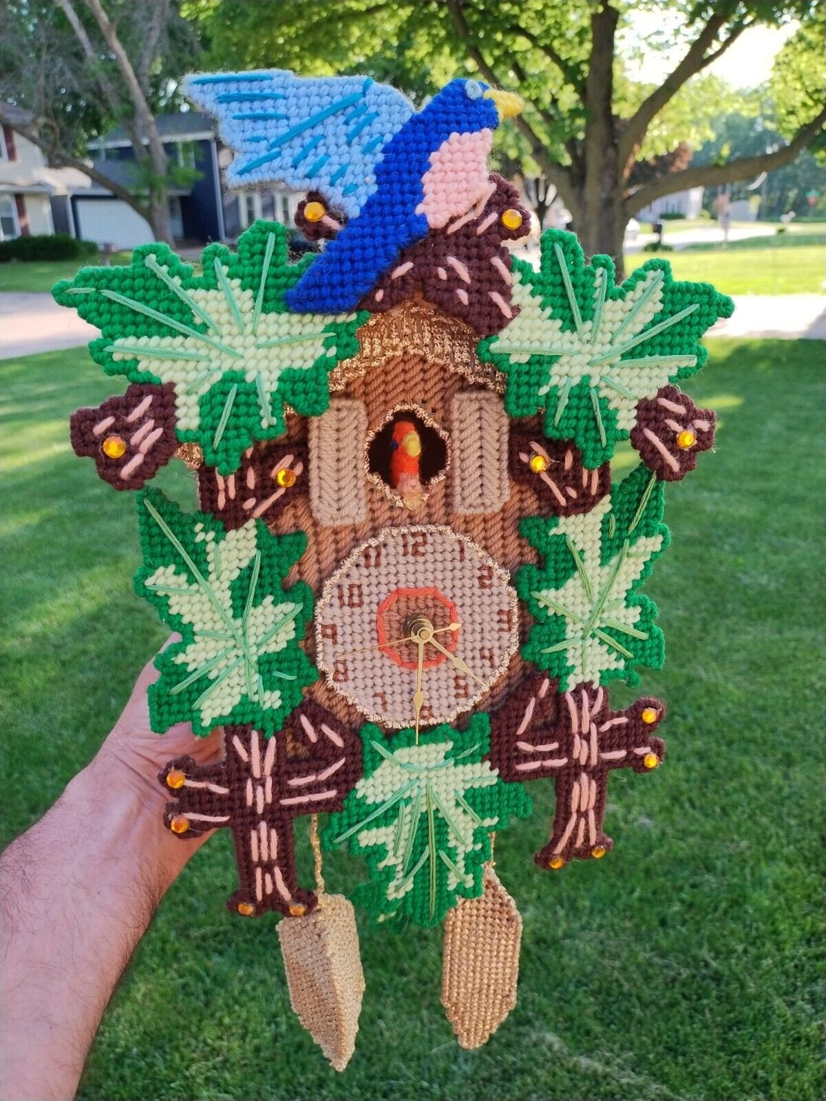 18" Vtg Handmade Needlepoint Cuckoo Clock Blue Bird Tree House Leaves Works