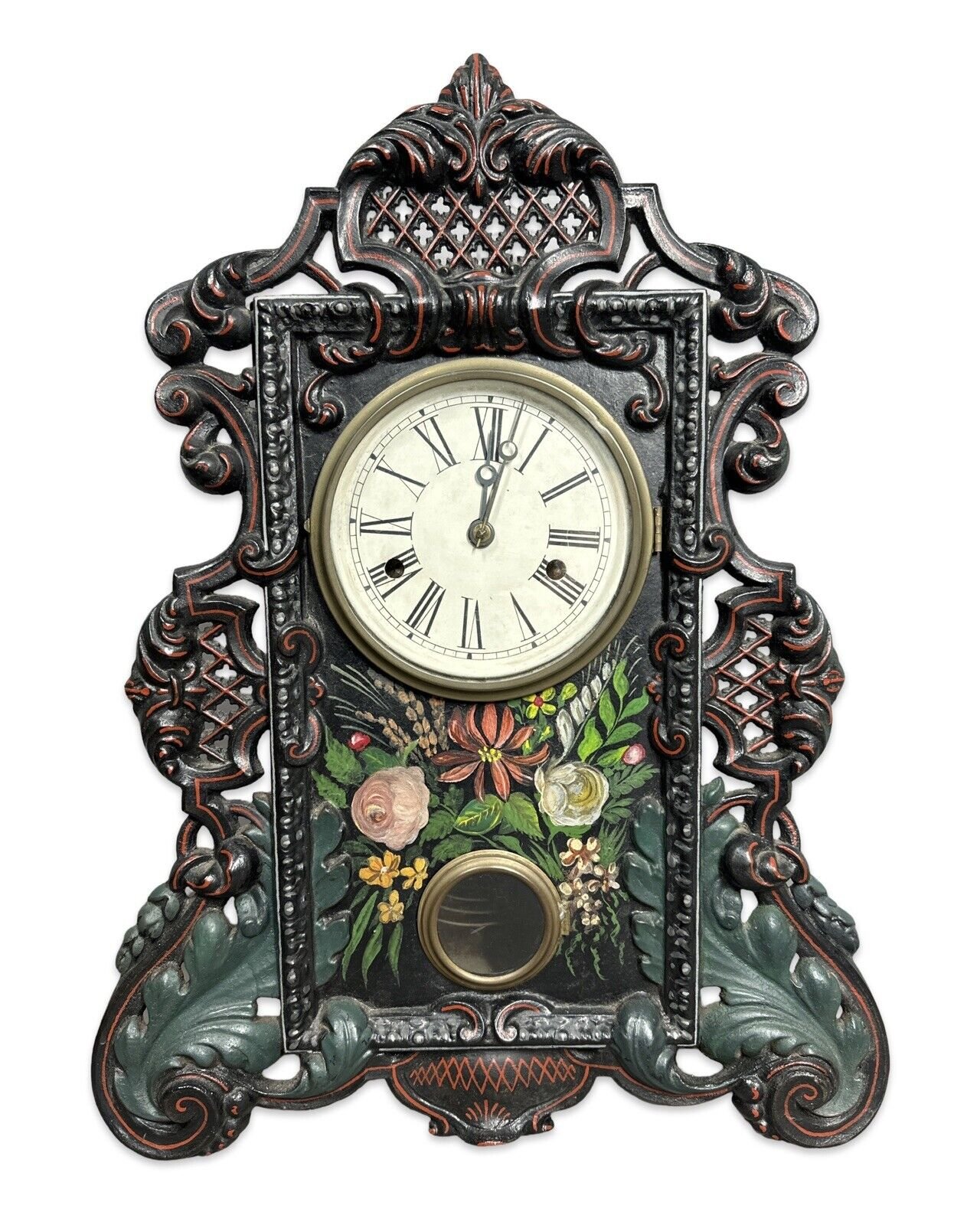 19thC Antique VICTORIAN Era CAST IRON Painted Flower GOTHIC Old MANTEL CLOCK