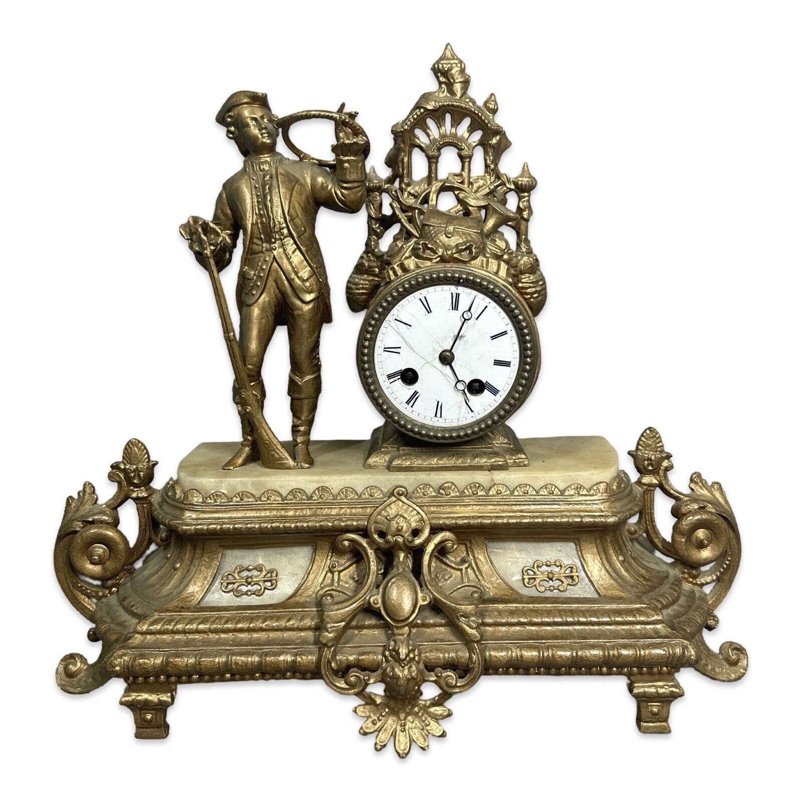 19thC Antique VICTORIAN FOX HUNT Rifle & Game STATUE Figural MANTEL Old CLOCK