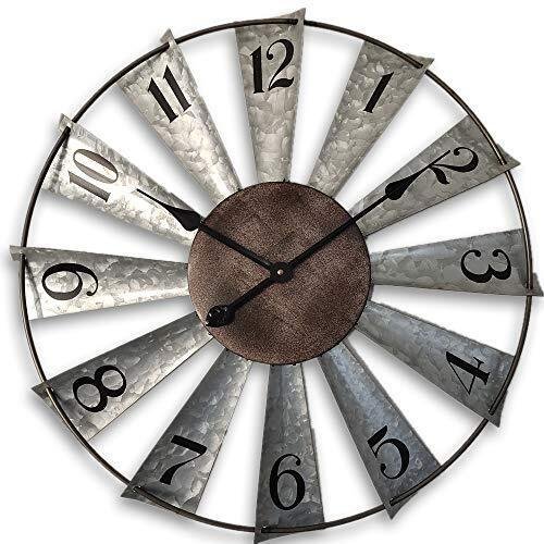 24inch Windmill Distressed Metal Wall Clocks Rustic Large Decorative Clock Ov...