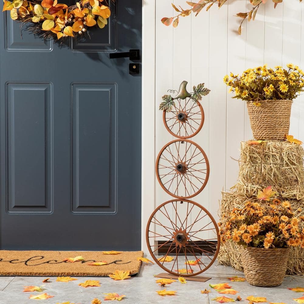 33.25 in. H Fall Metal Bicycle Wheel Pumpkin Porch Decor