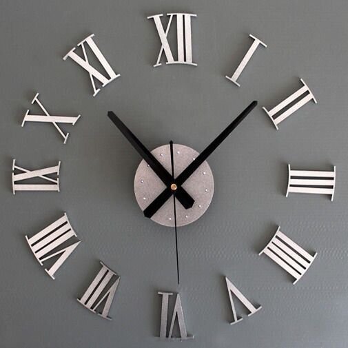 3D DIY Roman Number Wall Clock Silver Silent Self-Adhesive Frameless Luxury Room