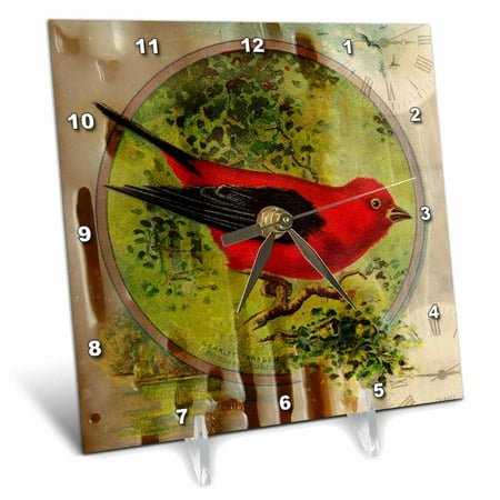 3dRose Vintage Red Bird Mixed Media Digital Art by Angelandspot - Desk Clock, 6 by 6-inch