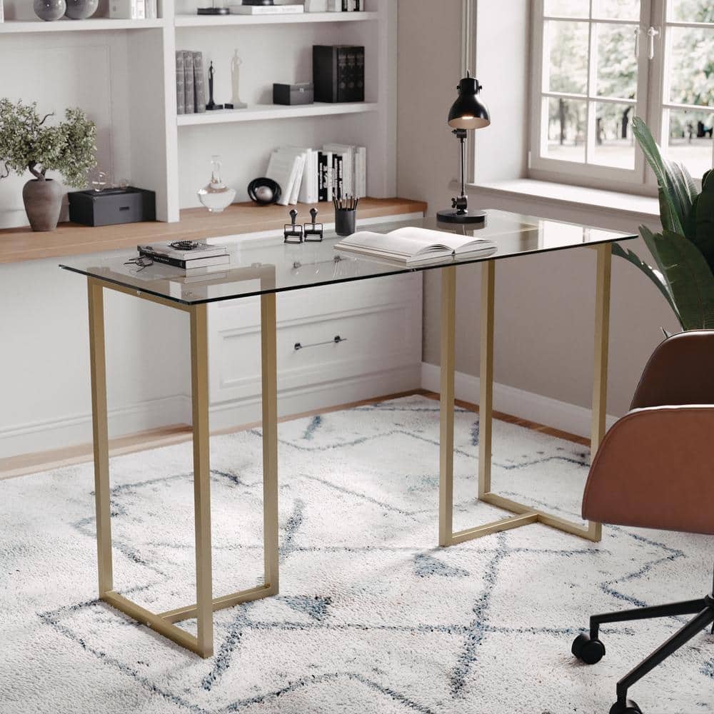 47 in. Rectangle Clear/Polished Brass Glass Computer Desk