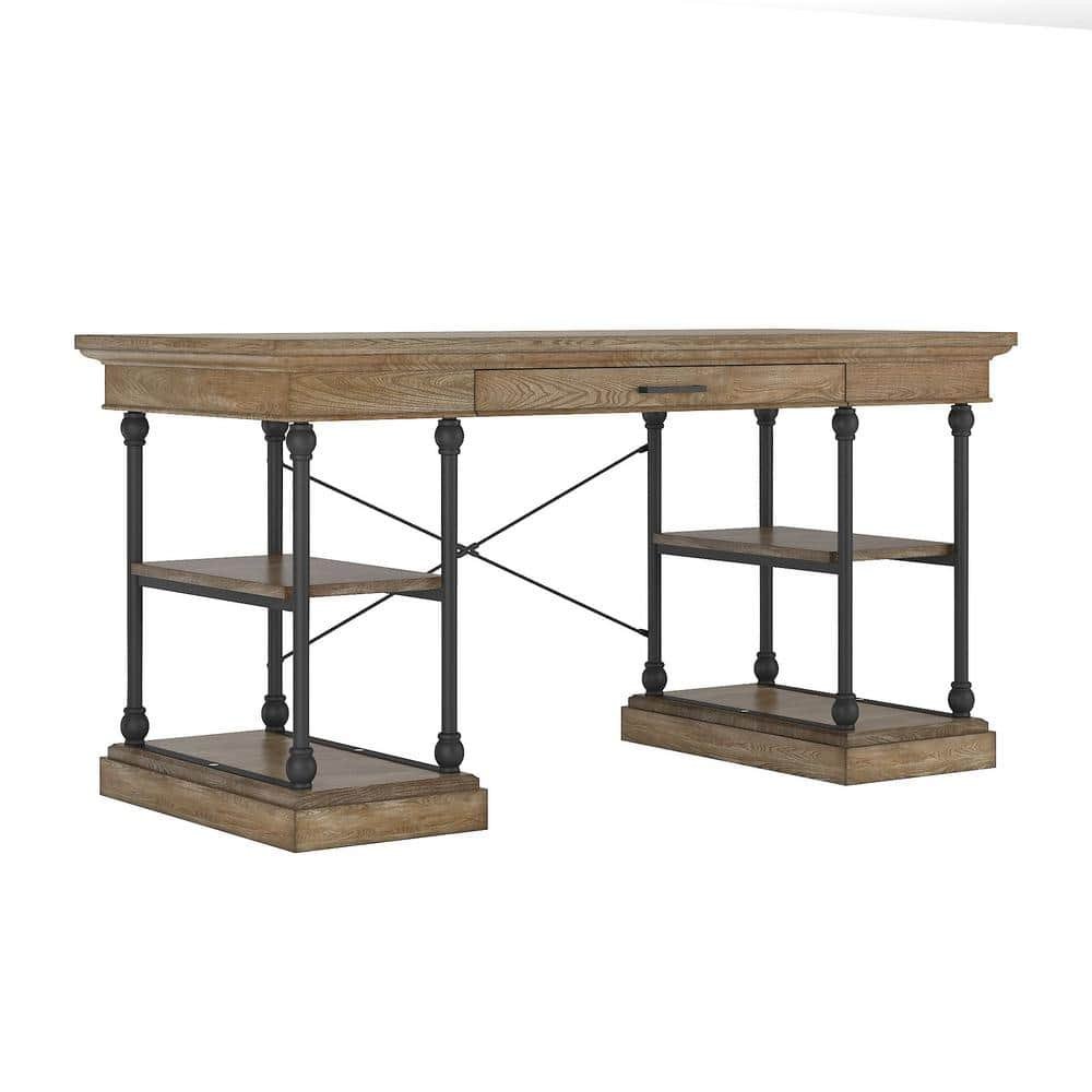 59 in. Brown Cornice 1-Drawer Storage Writing Desk