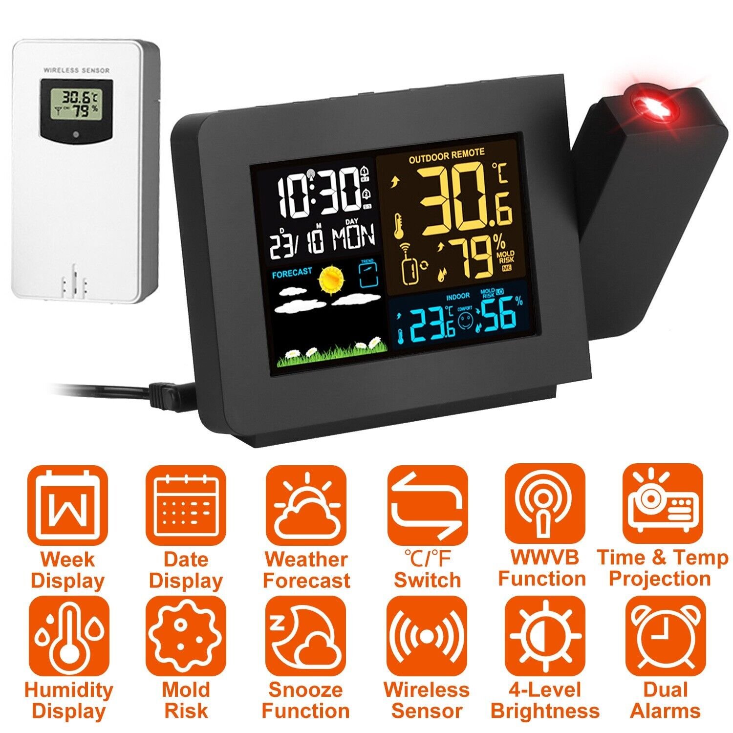 5 Pcs Projection Alarm Clock Weather Station Radio Thermometer Humidity Sensor