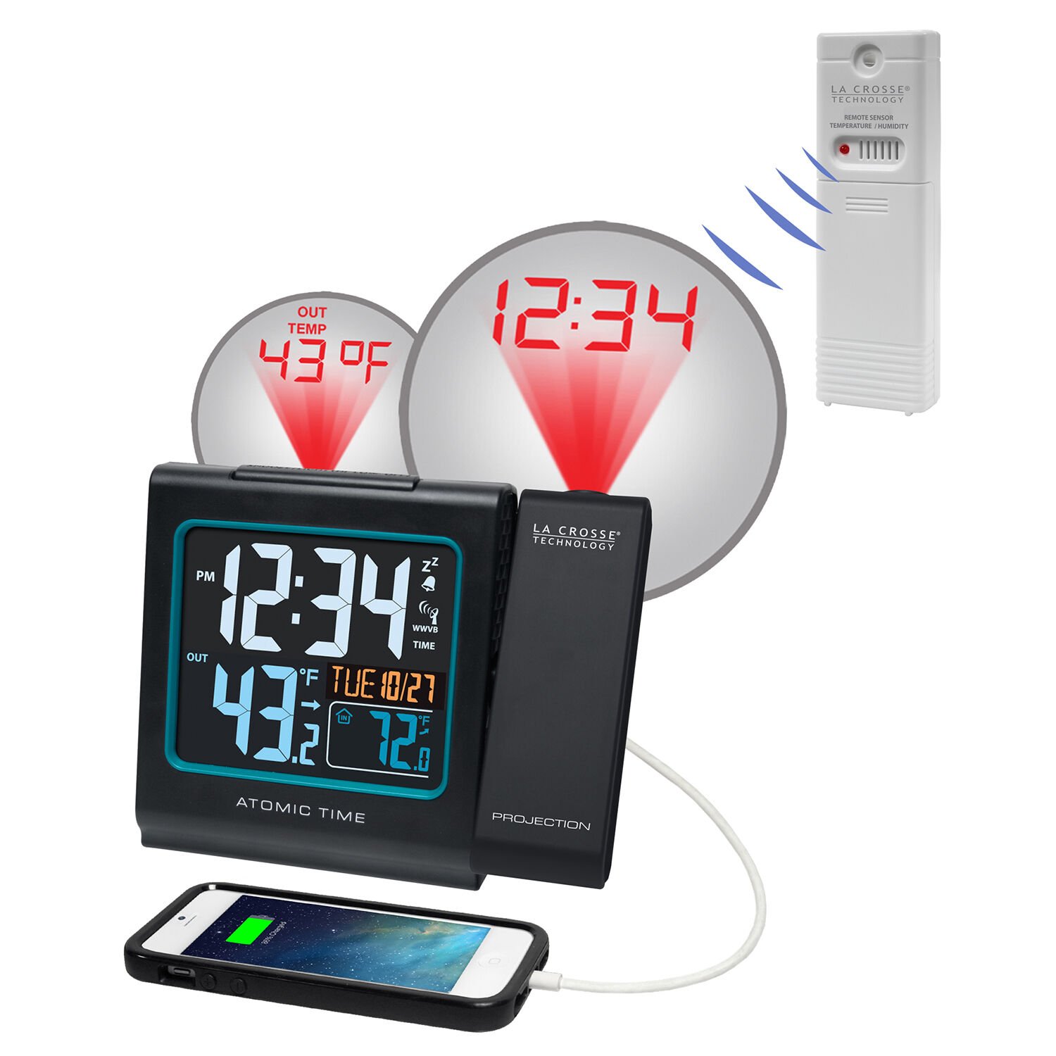 616-146 La Crosse Technology Atomic Projection Alarm Clock IN/OUT Temp TX141V3