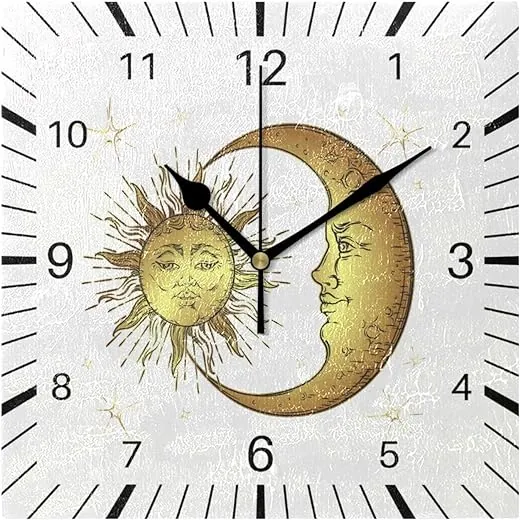 8 Inch Decorative Art Wall Clock Boho Style Sun Moon Stars Square Numeral Clock Silent Non Ticking