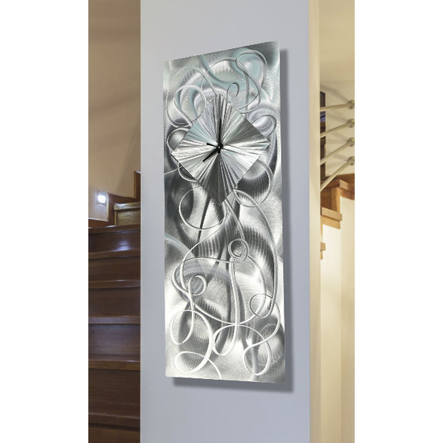 Abstract Silver Metal Wall Clock Art Etched Hanging Sculpture Modern Home Decor