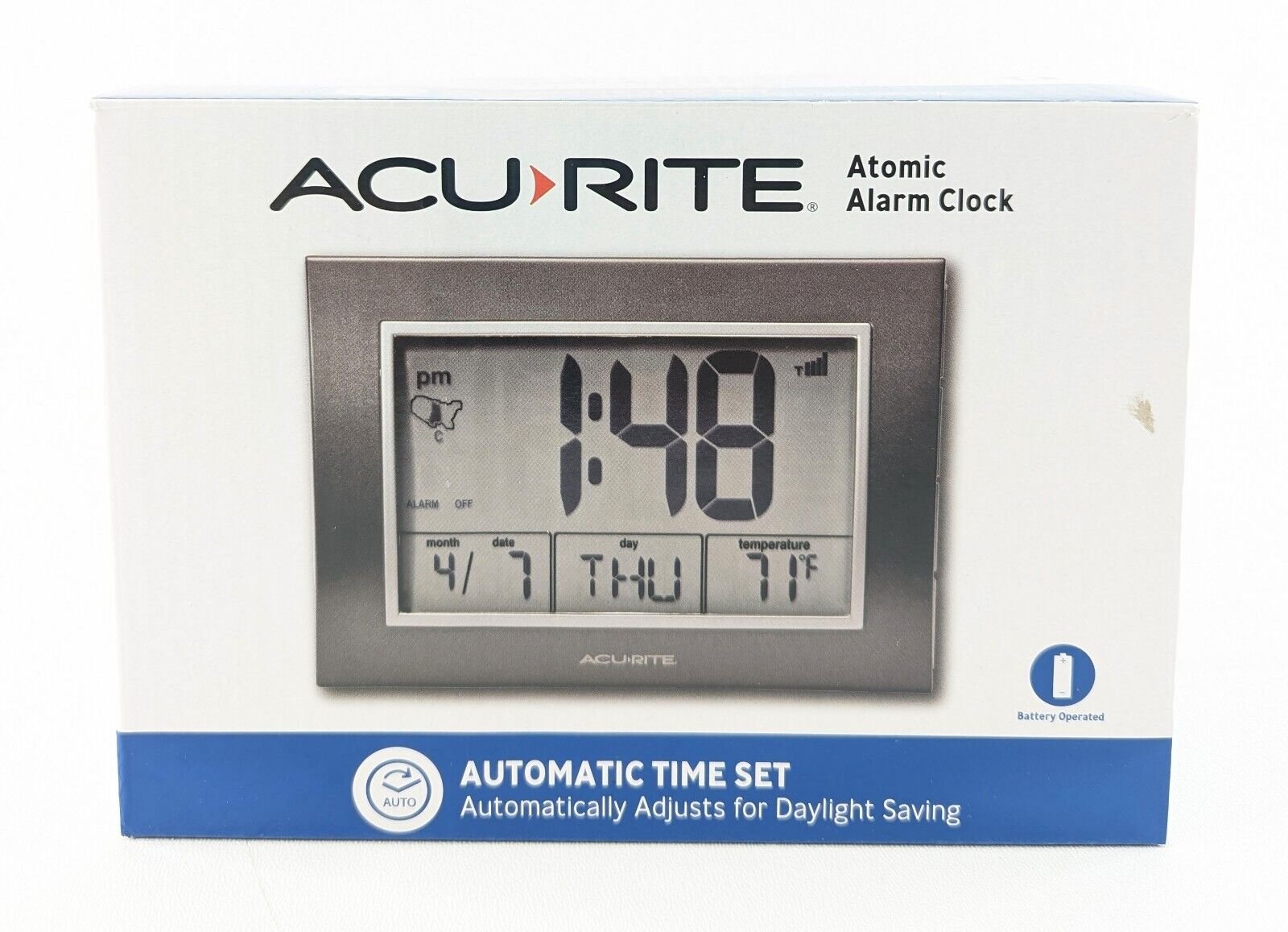 Acurite Atomic Alarm Clock Battery Operated with Date, Temperature & Day of Week