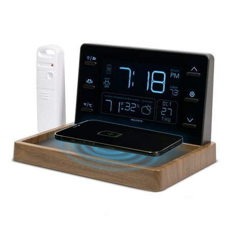 AcuRite Weather Valet with Wireless Charging Pad and Alarm Clock, Black with Walnut Finish (02047)