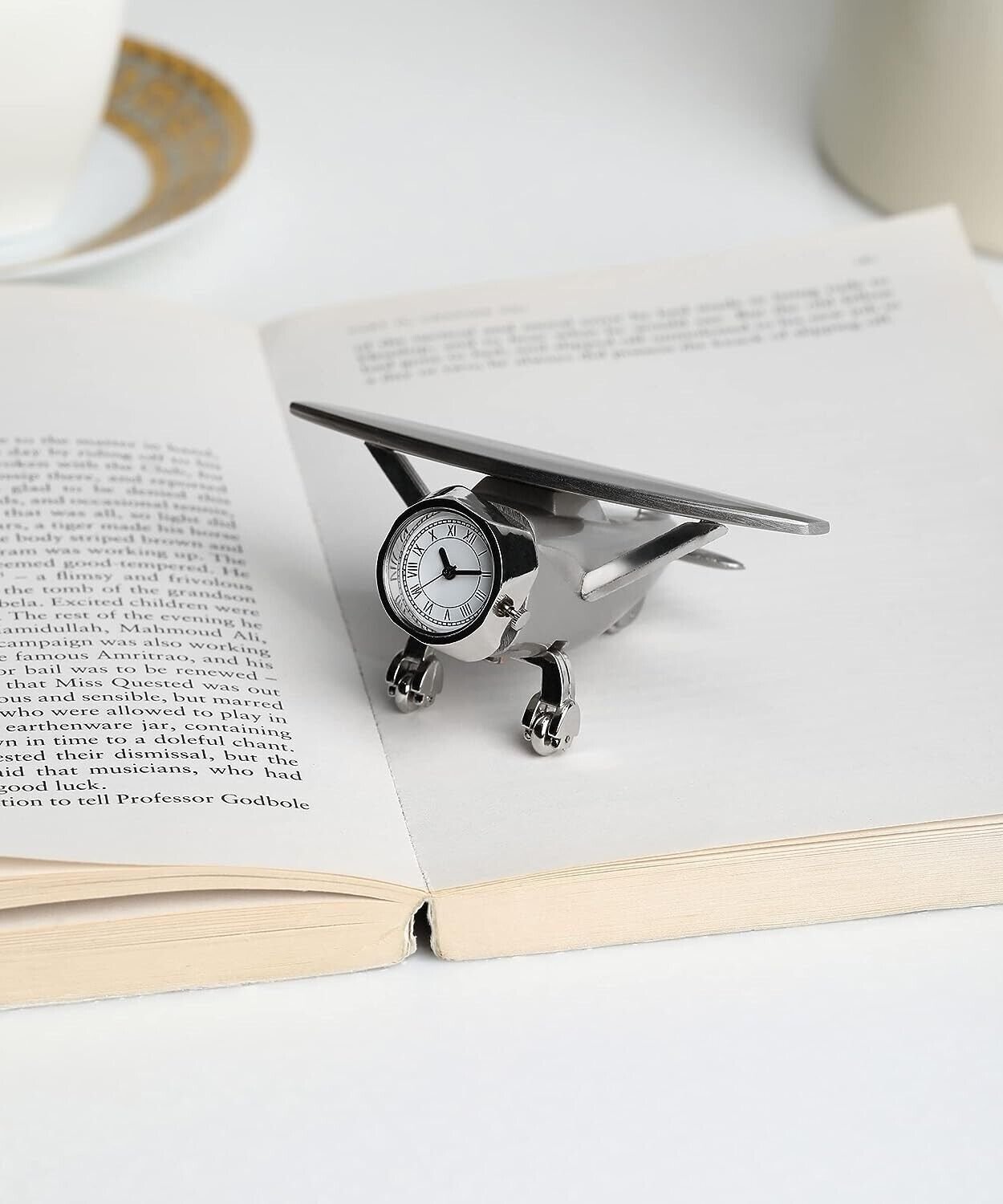 Aeroplane Table Clock with Rotating Wheels, Metal Airplane Design