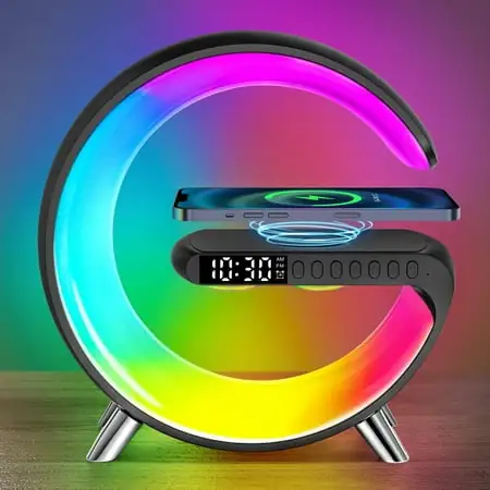 Alarm Clock, Digital Alarm Clock Radio with Wireless Charging & LED Table Lamp, Bluetooth Speaker &