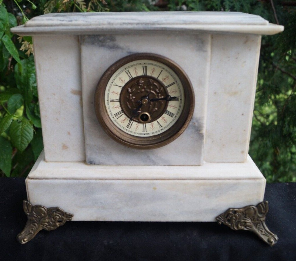 Antique 1870s French WHITE MARBLE Mantle Clock - No Pendulum Mechanism - READ