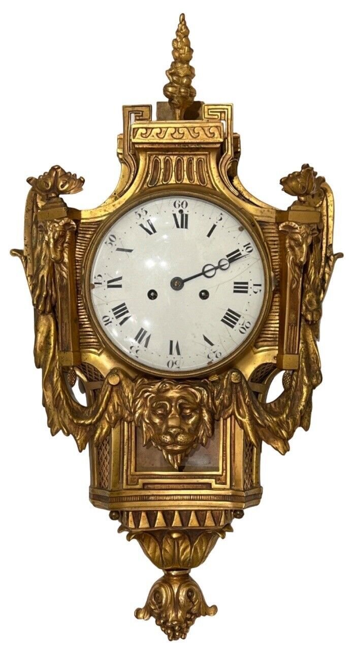 Antique 30" French Louis XVI Empire Gilt Bronze Ormolu Lion Cartel Wall Clock