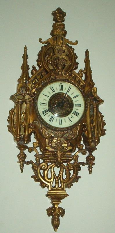 ANTIQUE French GOTHIC Wall Clock BRONZE CARTEL Cathedral LARGE 26" HEAVY