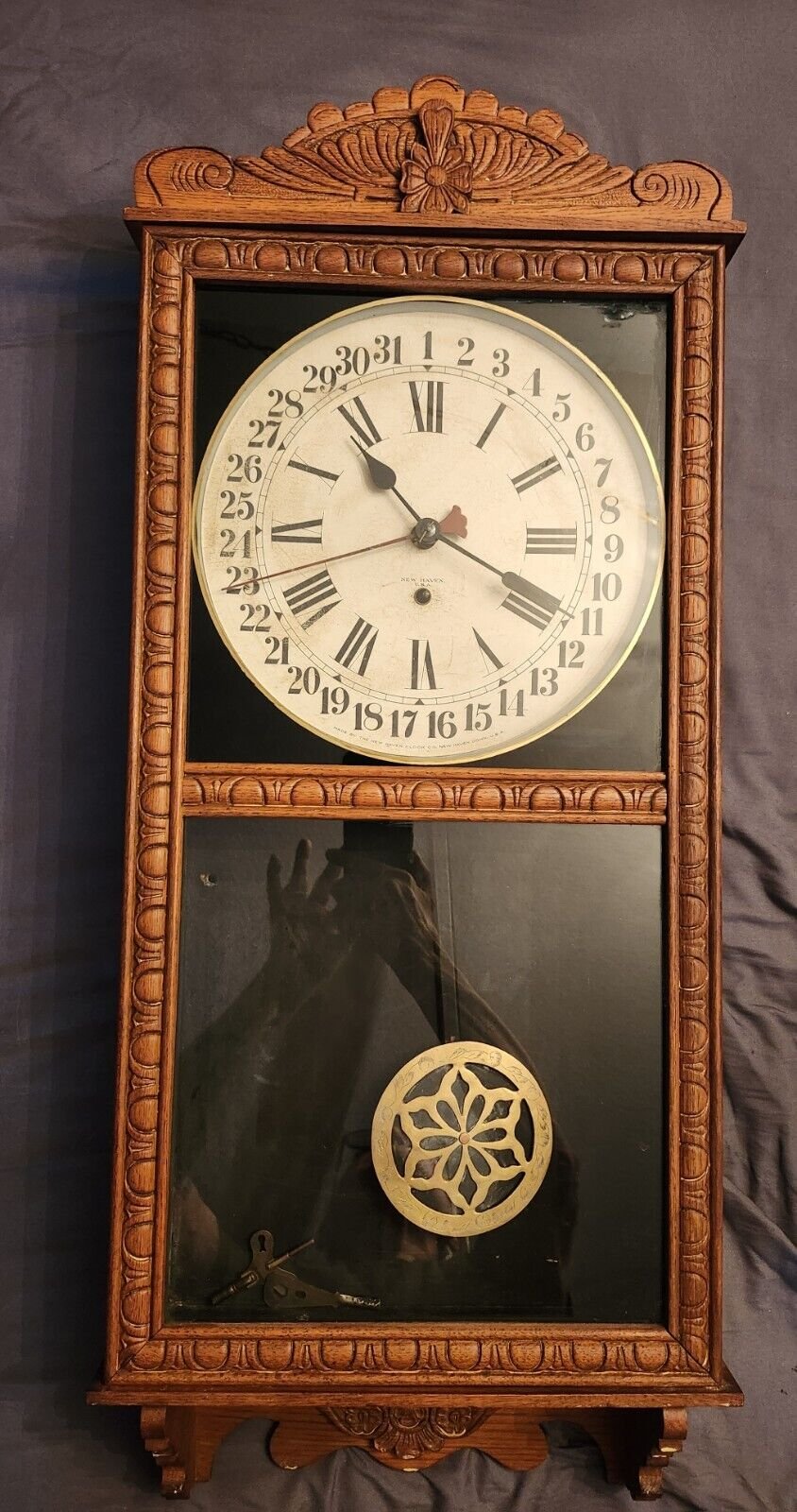 Antique New Haven Wall Clock (Tampa) Spring Driven 8 day And Date Oak BIG EXC.