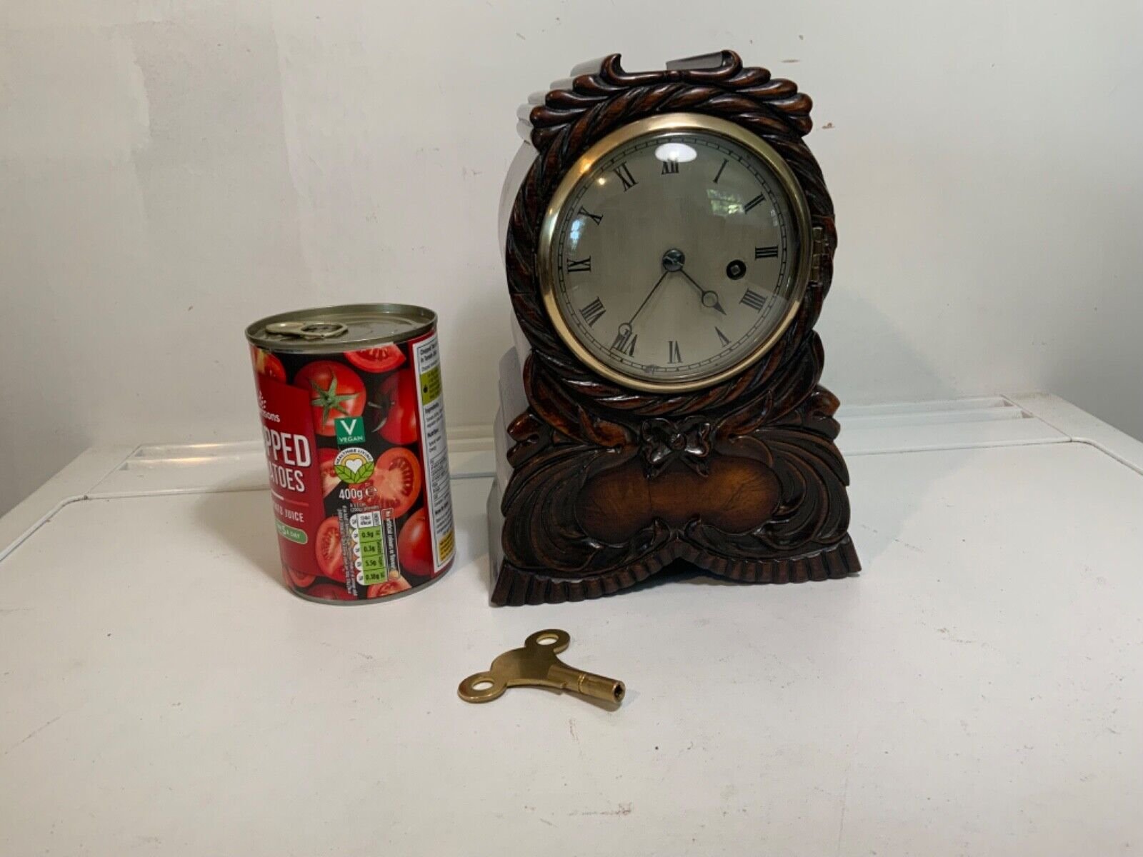 Antique small fusee mantel clock 8” high interesting movement fine wheels