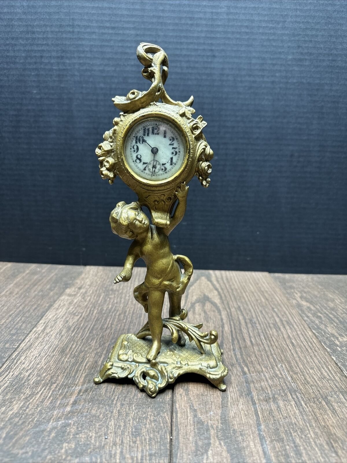 Antique Vintage Bronze Table Mantel Cherub Clock