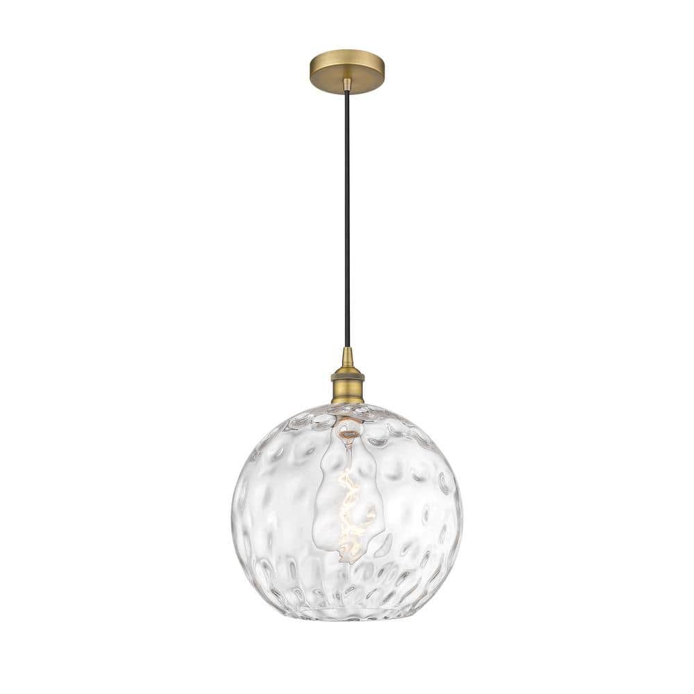 Athens Water Glass 1-Light Brushed Brass Shaded Pendant Light with Clear Water...