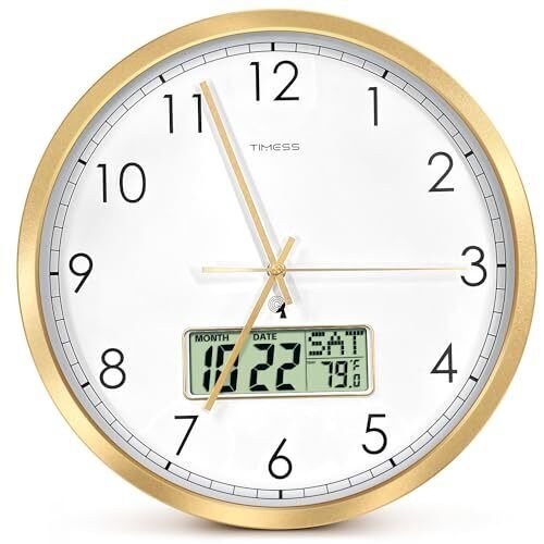 Atomic Analog Wall Clock, WWVB Self-Setting Battery Operated 14" Large Gold