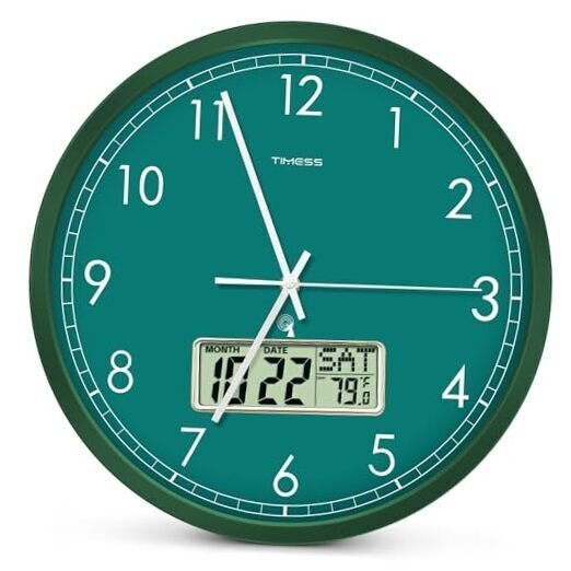 Atomic Analog Wall Clock, WWVB Self-Setting Battery Operated 14" Large Green
