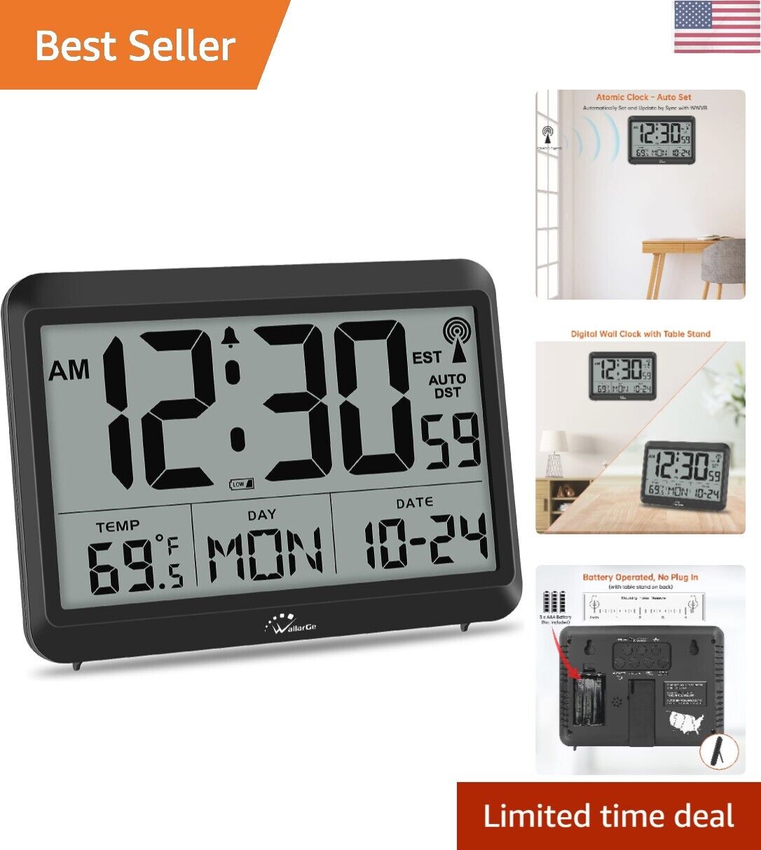 Atomic Clock Battery Operated - Large Display Digital Alarm Clock with Second...