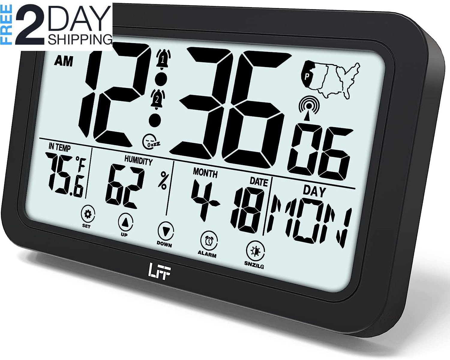 Atomic Clock, Indoor Temperature and Humidity, Backlight, Battery Operated, U