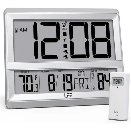 Atomic Clock Large Display, Digital Wall Clock with Indoor Outdoor Temperature and Date, Wireless