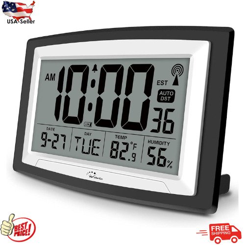 Atomic Clock w/ Indoor Temperature Humidity Self-Setting Digital Wall Desk 12.5"