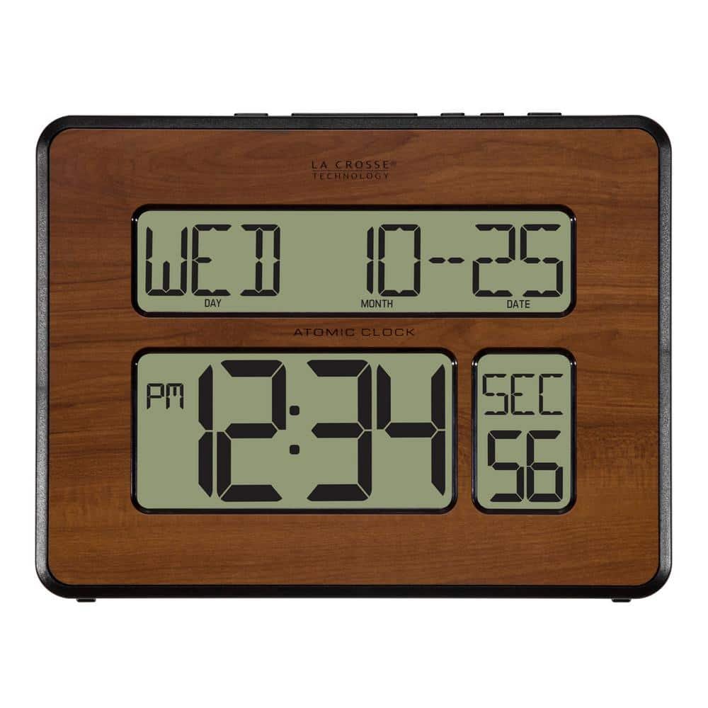 Atomic Full Calendar Digital Clock with Extra Large Digits in Walnut