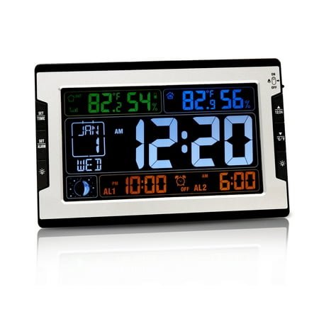 Auto Set Digital Clock with Backlight, Large Display Atomic Clock with Indoor/Outdoor Temperature and Humidity, Digital Dual Alarm Wall Clock for Home, Office, Bedroom, Elderly, Auto DST