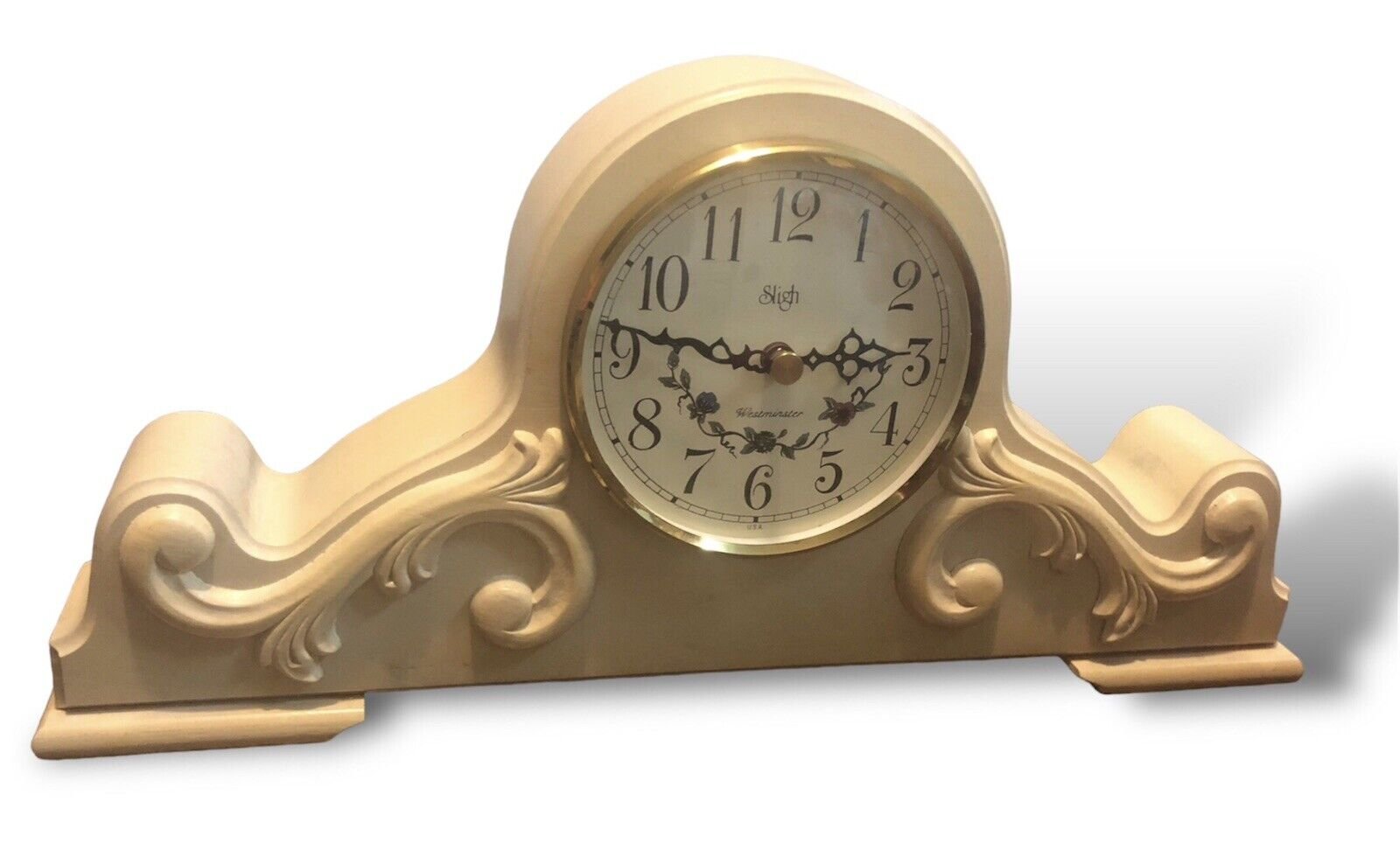 BEAUTIFUL SLIGH USA WESTMINSTER LIGHT WOOD MANTEL CLOCK. CLOCK WORKING -READ DES