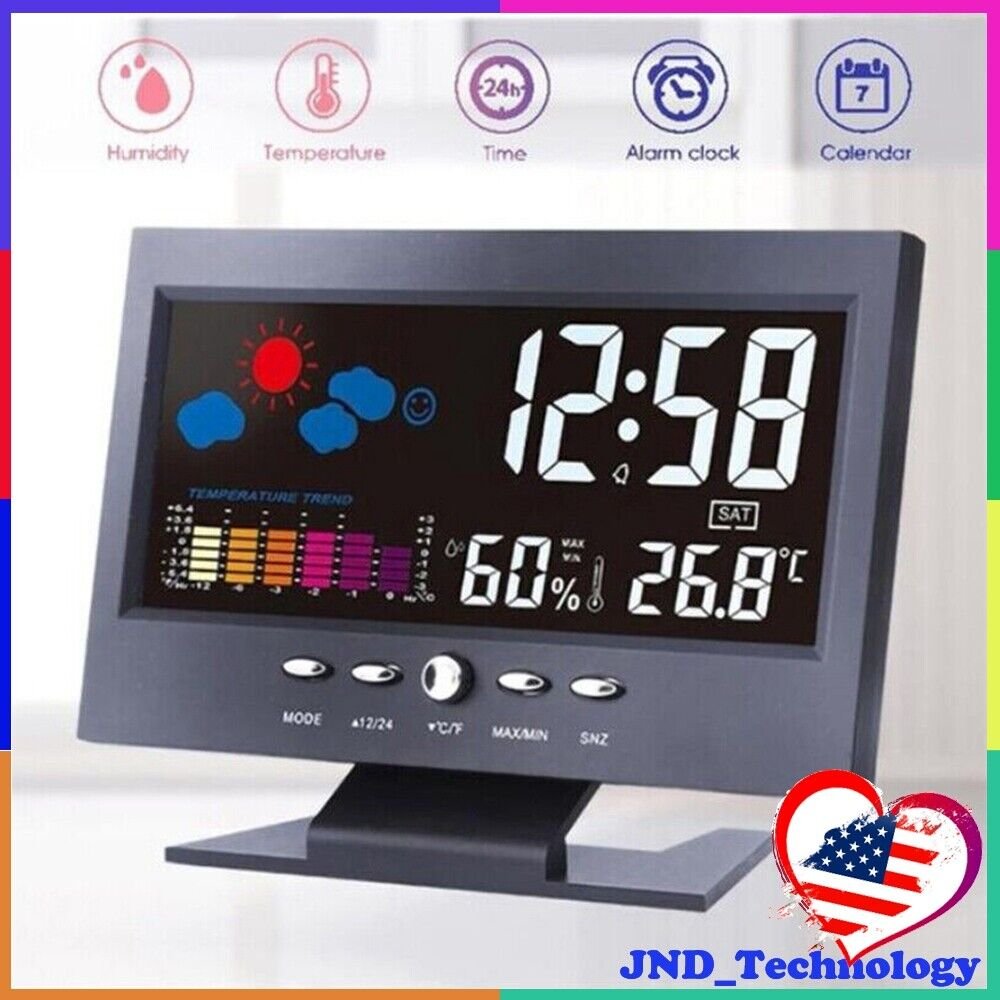 Bedside LED Smart Alarm Clock Time Temperature Humidity Weather Desktop Clocks