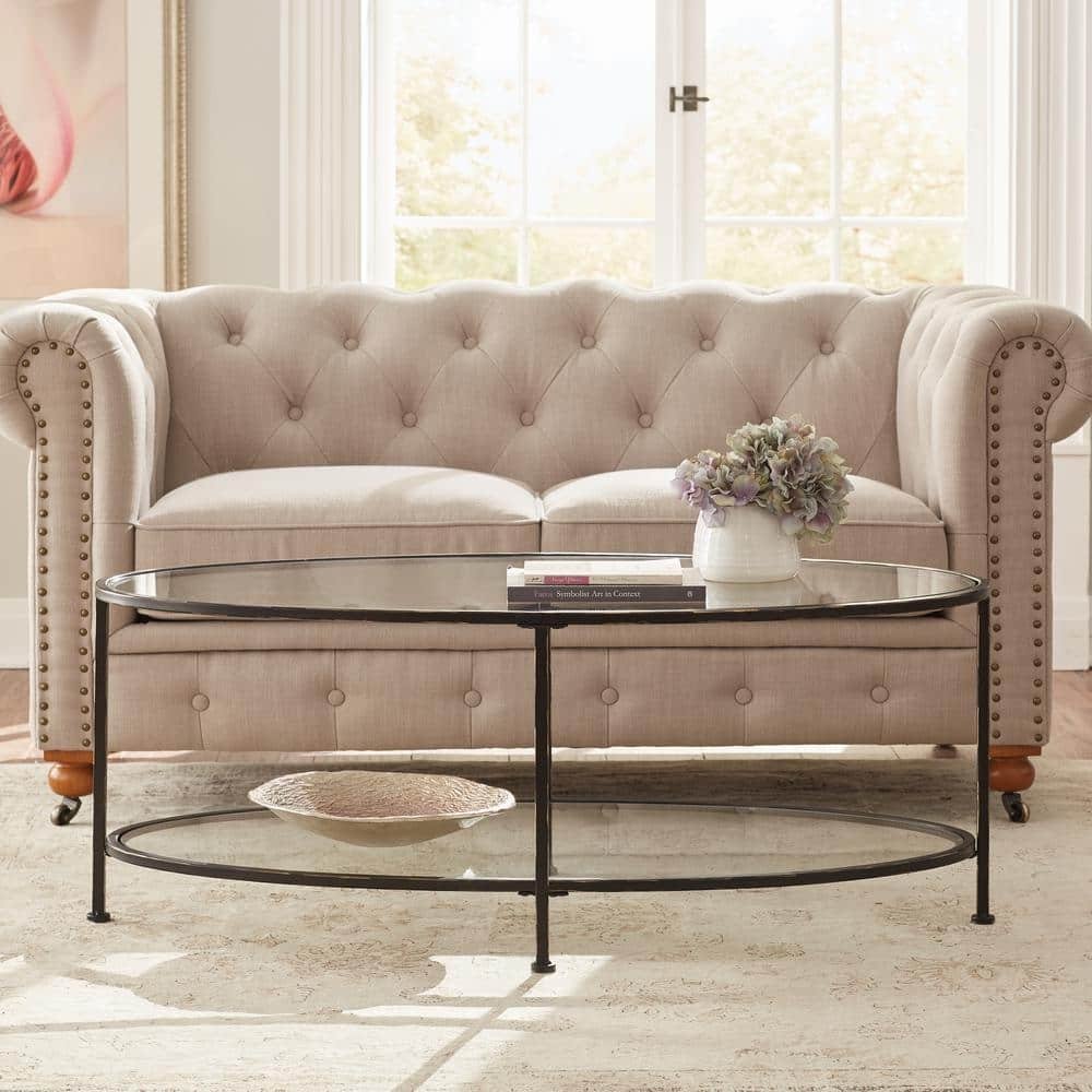 Bella Large Oval Antique Bronze Metal and Glass Coffee Table with Shelf...