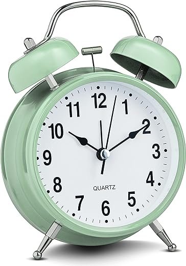Bernhard Products Analog Alarm Clock 4 Twin Bell Green Silent Non-Ticking Quartz Battery Operated Extra Loud with Backlight for Bedside Table Vintage Retro Style, Decorative Desk Clocks (Pistachio)