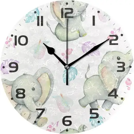 Bestwell Cute Baby Elephants Wall Clock 10 Inch Silent Non Ticking Round Clock Oil Painting Clock