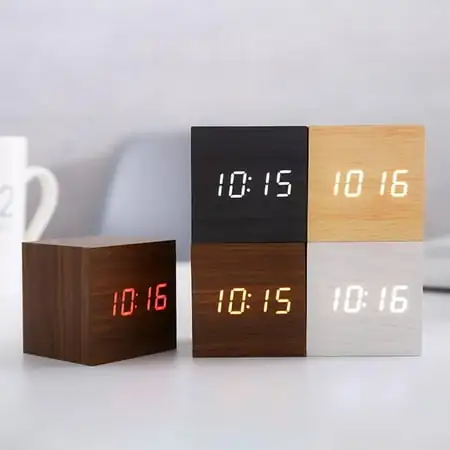 Besufy Digital Table Alarm Clock, Wood Sound Control LED Light Mini Modern Cube Desk Clock Displays photo Besufy Digital Table Alarm Clock, Wood Sound Control LED Light Mini Modern Cube Desk Clock Displays