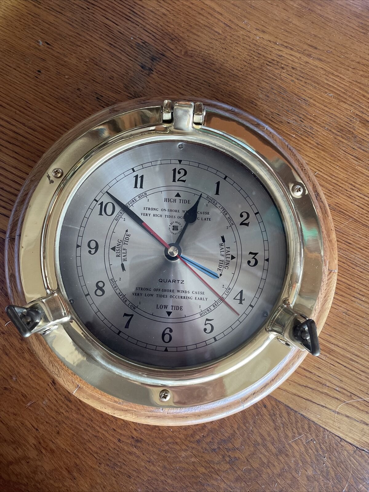 Bey-Berk Brass Porthole Tide & Time Clock on Oak Working Rare Nautical