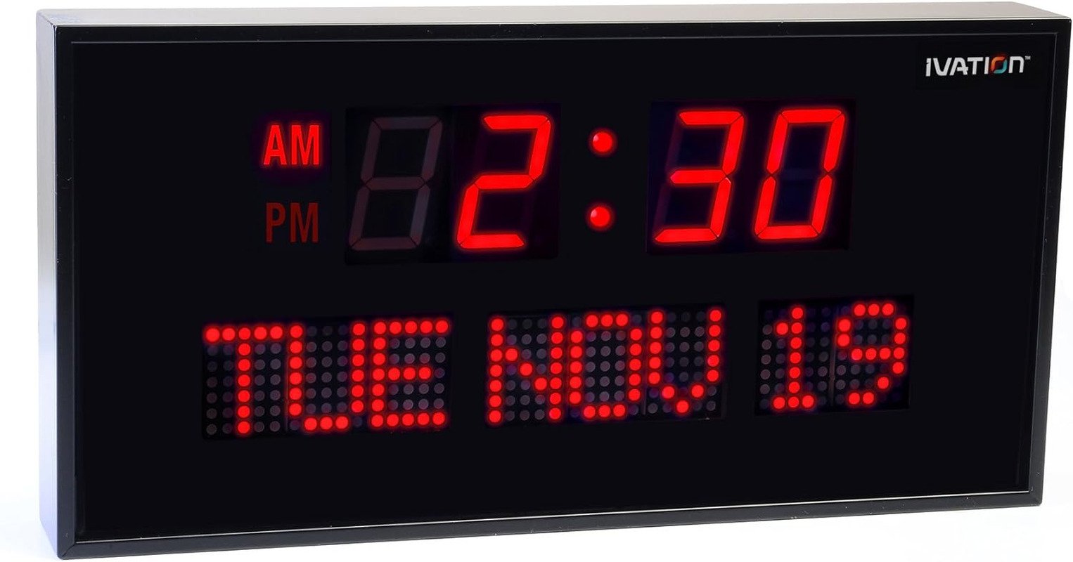 Big Oversized Digital Blue LED Calendar Clock with Day and Date - Shelf or Wall