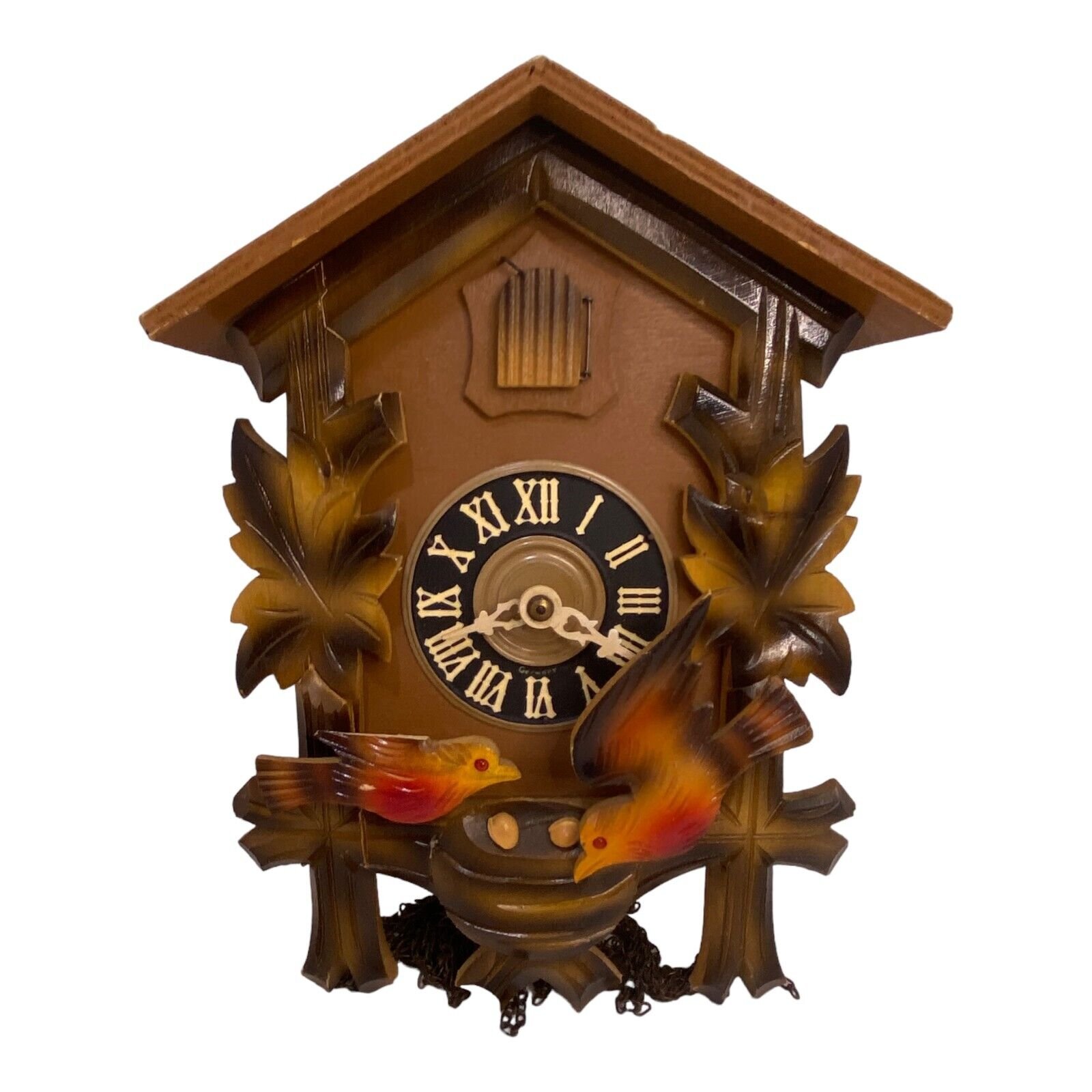 BLACK FOREST GERMAN VINTAGE CUCKOO WALL CLOCK WOOD BIRDS LEAVES AS IS 10"x7"