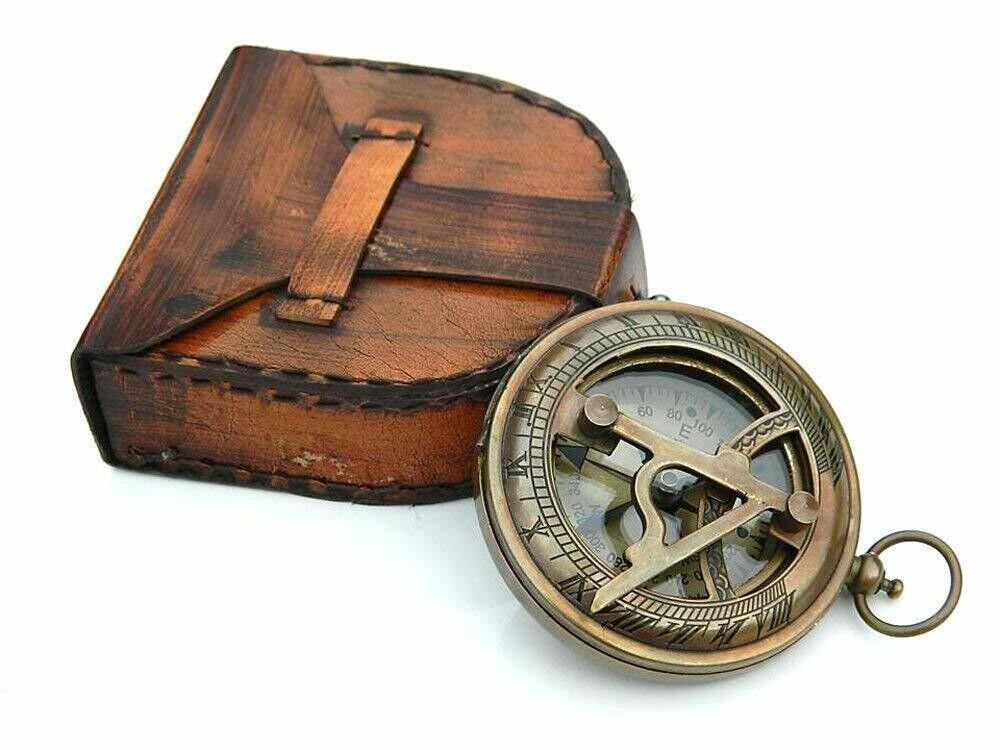 Brass Sundial Compass Engravable Compass With Leather Case