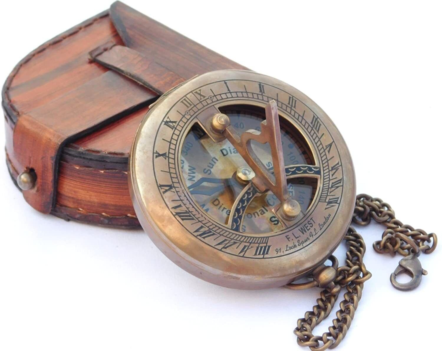 Brass Sundial Compass Leather Case Chain Push Open Accessory Sun Steampunk Clock